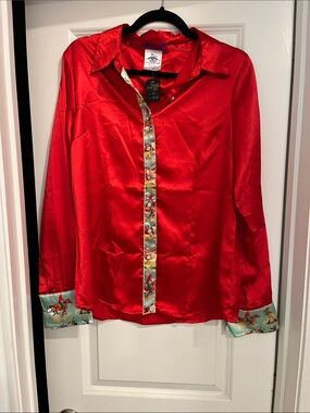 Red Satin Button-Front Blouse with Printed Trim